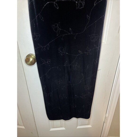 Vintage 90s Positive Attitude Black Velvet Maxi Dress Floral Embroidery Y2K Glam - Picture 5 of 8